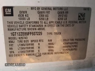 2015 GMC Sierra 2500HD SLT with VIN 1GT12ZE89FF607229, listed as a Copart auction lot 54816545 with 267,227 mi miles and Salvage title. Bid and sale history available at DreamBid. Image 12.