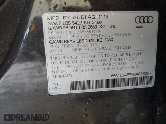 2016 Audi Q5 Premium Plus with VIN WA1L2AFP7GA088397, listed as a Copart auction lot 52794805 with 121,296 mi miles and Clean Title. Bid and sale history available at carsss.com. Image 13.