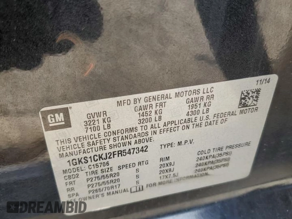 2015 GMC Yukon Denali with VIN 1GKS1CKJ2FR547342, listed as a Copart auction lot 45025075 with 189,942 mi miles and Salvage Title. Bid and sale history available at carsss.com. Image 15.