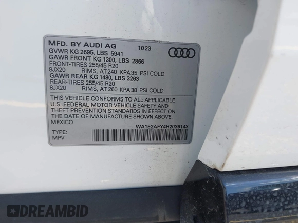 2024 Audi Q5 S line Premium Plus with VIN WA1E2AFY4R2036143, listed as a IAAI auction lot 42309252 with 14,797 mi miles and . Bid and sale history available at DreamBid. Image 9.