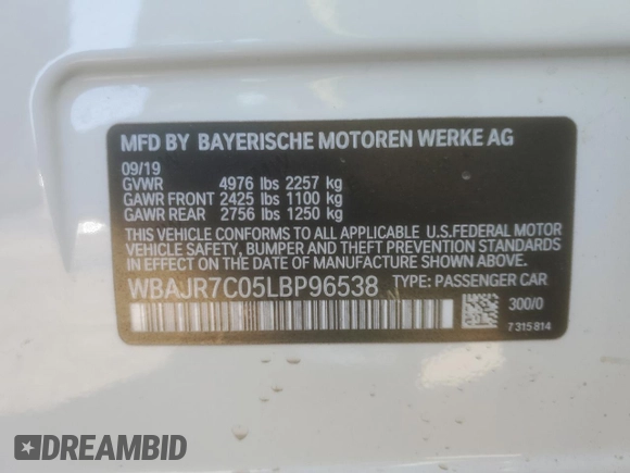 2020 BMW 5 Series 530i xDrive z VIN WBAJR7C05LBP96538, wystawiony jako Copart lot #48725965 z przebiegiem 41 471 mil mil oraz Szkoda całkowita • Salvage title. Historia ofert i sprzedaży dostępna na DreamBid. Obrazek 13.