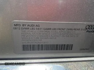 2013 Audi A8 3.0L with VIN WAURGAFD6DN010072, listed as a Copart auction lot 57999295 with 116,555 mi miles and Salvage title. Bid and sale history available at DreamBid. Image 10.