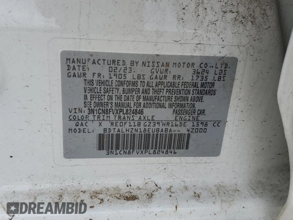 2023 Nissan Versa SR with VIN 3N1CN8FVXPL824846, listed as a Copart auction lot 53151065 with 25,984 mi miles and Salvage title. Bid and sale history available at DreamBid. Image 12.