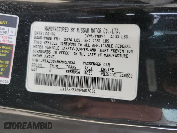 2006 Nissan 350Z Touring with VIN JN1AZ36A96M457034, listed as a Copart auction lot 53191625 with 134,572 mi miles and Salvage Title. Bid and sale history available at carsss.com. Image 12.