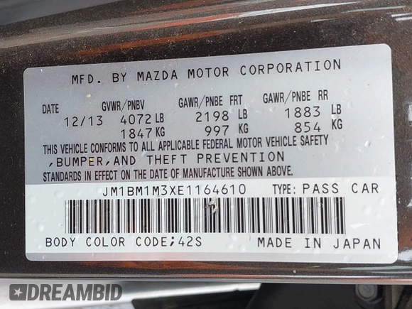2014 Mazda 3 S Grand Touring with VIN JM1BM1M3XE1164610, listed as a IAAI auction lot 42421946 with 96,591 mi miles and . Bid and sale history available at DreamBid. Image 9.