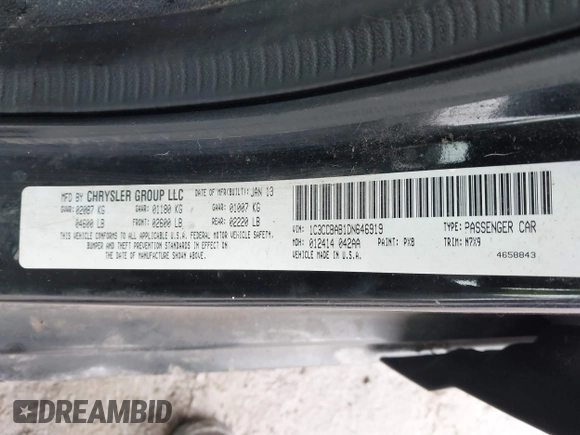 2013 Chrysler 200 LX with VIN 1C3CCBAB1DN646919, listed as a IAAI auction lot 41743113 with 167,515 mi miles and . Bid and sale history available at DreamBid. Image 9.