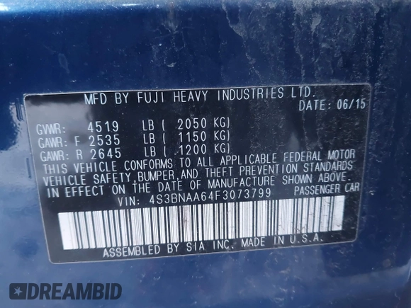 2015 Subaru Legacy 2.5i with VIN 4S3BNAA64F3073799, listed as a IAAI auction lot 41281724 with 118,145 mi miles. Bid and sale history available at carsss.com. Image 9.