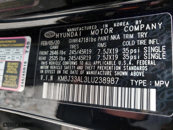 2020 Hyundai Tucson Sport with VIN KM8J33AL3LU238987, listed as a Copart auction lot 84007664 with 77,244 mi miles and Salvage Title. Bid and sale history available at carsss.com. Image 15.