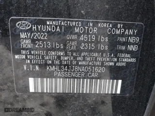 2022 Hyundai Sonata Hybrid SEL with VIN KMHL34JJ8NA051620, listed as a IAAI auction lot 41656627 with 42,253 mi miles. Bid and sale history available at carsss.com. Image 9.