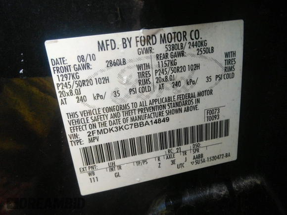 2011 Ford Edge Limited with VIN 2FMDK3KC7BBA14849, listed as a IAAI auction lot 41248315 with 163,495 mi miles. Bid and sale history available at carsss.com. Image 9.