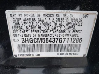 2007 Honda Accord LX with VIN 3HGCM56437G711286, listed as a IAAI auction lot 42601346 with 239,472 mi miles and . Bid and sale history available at DreamBid. Image 9.