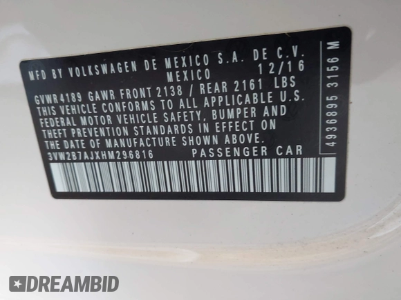 2017 Volkswagen Jetta S with VIN 3VW2B7AJXHM296816, listed as a IAAI auction lot 42118042 with 124,311 mi miles and . Bid and sale history available at DreamBid. Image 9.
