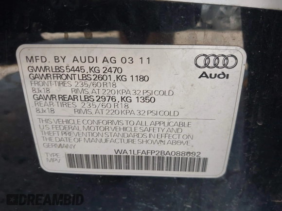 2011 Audi Q5 Premium Plus z VIN WA1LFAFP2BA088692, wystawiony jako IAAI lot #42433808 z przebiegiem 152 146 mil mil oraz . Historia ofert i sprzedaży dostępna na DreamBid. Obrazek 9.