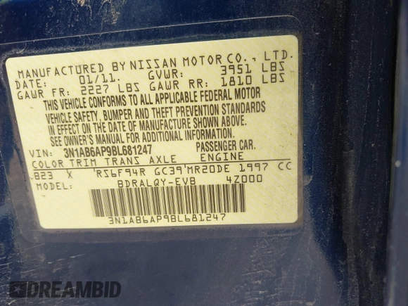 2011 Nissan Sentra SL with VIN 3N1AB6AP9BL681247, listed as a IAAI auction lot 42646849 with 156,603 mi miles and . Bid and sale history available at DreamBid. Image 9.
