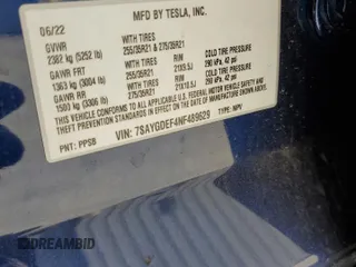 2022 Tesla Model Y Performance with VIN 7SAYGDEF4NF489629, listed as a Copart auction lot 64181775 with 22,120 mi miles and Salvage title. Bid and sale history available at DreamBid. Image 12.