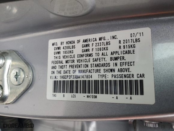 2011 Honda Accord Sdn LX with VIN 1HGCP2F3XBA147804, listed as a Copart auction lot 47134465 with 87,051 mi miles and Salvage Title. Bid and sale history available at carsss.com. Image 13.