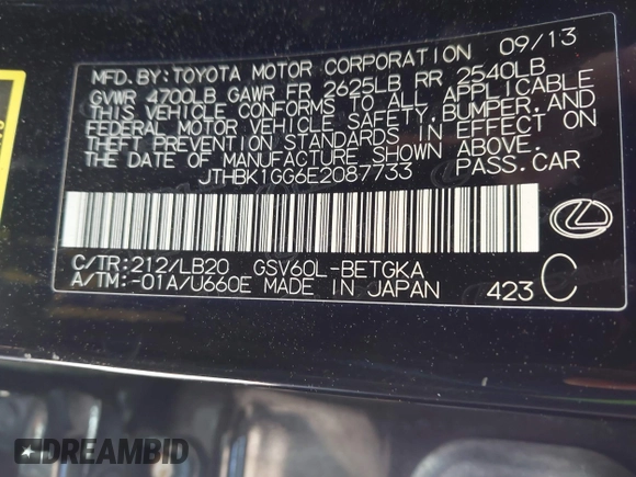 2014 Lexus ES 350 with VIN JTHBK1GG6E2087733, listed as a IAAI auction lot 41872498 with 191,347 mi miles. Bid and sale history available at carsss.com. Image 9.