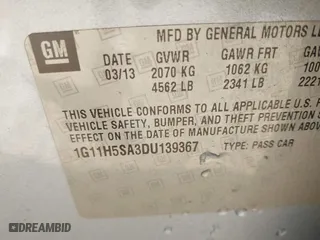 2013 Chevrolet Malibu LTZ with VIN 1G11H5SA3DU139367, listed as a IAAI auction lot 41844076 with 133,050 mi miles. Bid and sale history available at carsss.com. Image 9.