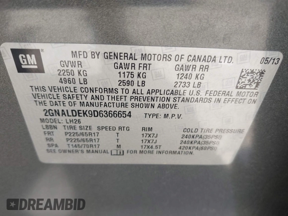 2013 Chevrolet Equinox LT with VIN 2GNALDEK9D6366654, listed as a IAAI auction lot 42031490 with 135,485 mi miles. Bid and sale history available at carsss.com. Image 9.
