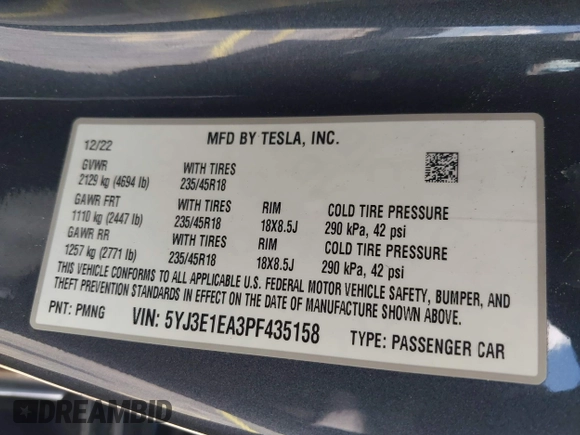 2023 Tesla Model 3 z VIN 5YJ3E1EA3PF435158, wystawiony jako IAAI lot #42356031 z przebiegiem 41 408 mil mil oraz . Historia ofert i sprzedaży dostępna na DreamBid. Obrazek 9.