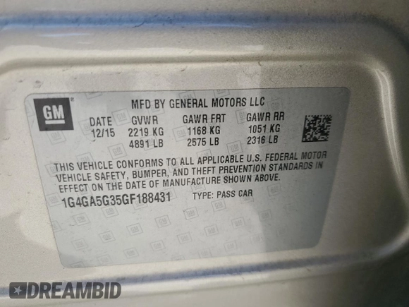 2016 Buick LaCrosse with VIN 1G4GA5G35GF188431, listed as a Copart auction lot 47243575 with 113,853 mi miles and Salvage title. Bid and sale history available at DreamBid. Image 14.