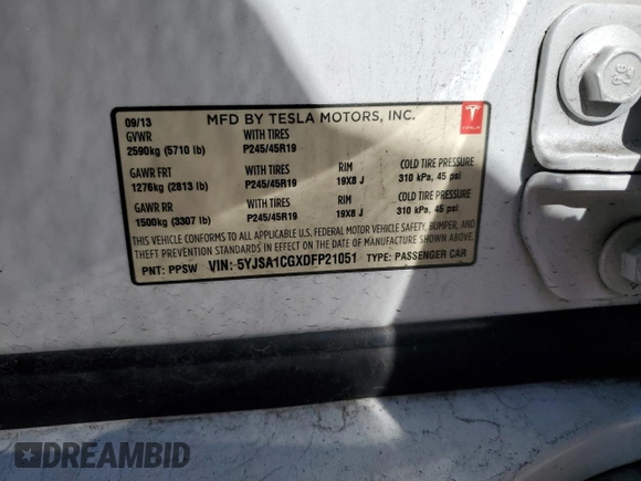 2013 Tesla Model S with VIN 5YJSA1CGXDFP21051, listed as a Copart auction lot 48377775 with 125,472 mi miles and Salvage Title. Bid and sale history available at carsss.com. Image 12.