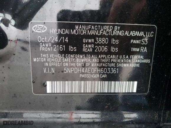 2015 Hyundai Elantra SE with VIN 5NPDH4AE0FH603361, listed as a Copart auction lot 45281865 with 106,762 mi miles and Salvage Title. Bid and sale history available at carsss.com. Image 12.