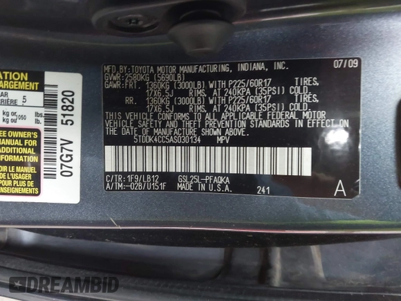 2010 Toyota Sienna XLE with VIN 5TDDK4CC5AS030134, listed as a IAAI auction lot 42522402 with 307,273 mi miles and . Bid and sale history available at DreamBid. Image 9.