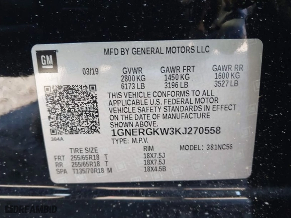 2019 Chevrolet Traverse LT Cloth with VIN 1GNERGKW3KJ270558, listed as a IAAI auction lot 41427753 with NaN miles. Bid and sale history available at carsss.com. Image 9.