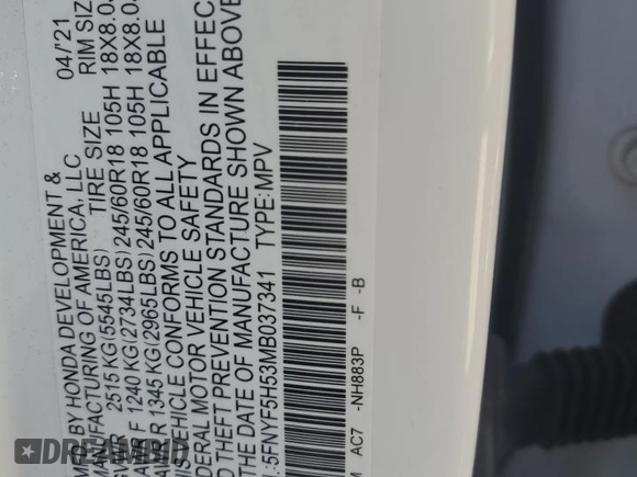 2021 Honda Pilot EX-L with VIN 5FNYF5H53MB037341, listed as a Copart auction lot 47585325 with 80,992 mi miles and Salvage Title. Bid and sale history available at DreamBid. Image 14.