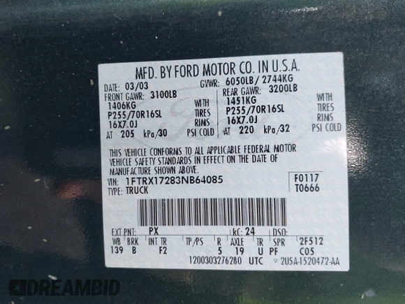 2003 Ford F-150 XL with VIN 1FTRX17283NB64085, listed as a IAAI auction lot 42477224 with Not provided miles and . Bid and sale history available at DreamBid. Image 9.