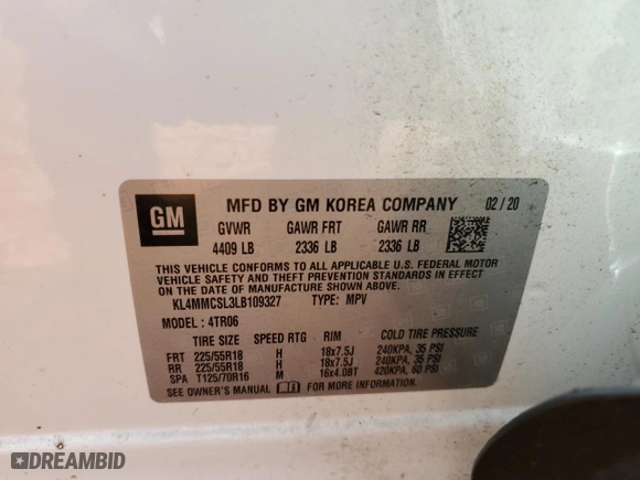 2020 Buick Encore GX Preferred with VIN KL4MMCSL3LB109327, listed as a Copart auction lot 73920834 with 118,542 mi miles and Salvage Title. Bid and sale history available at carsss.com. Image 14.