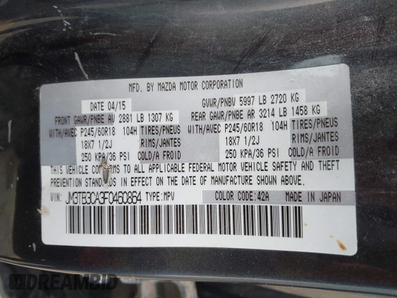 2015 Mazda CX-9 Touring with VIN JM3TB3CA3F0460864, listed as a IAAI auction lot 41944957 with 242,100 mi miles. Bid and sale history available at carsss.com. Image 9.