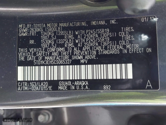 2012 Toyota Highlander Limited with VIN 5TDYK3EH5CS065327, listed as a IAAI auction lot 41624847 with 187,059 mi miles. Bid and sale history available at carsss.com. Image 9.