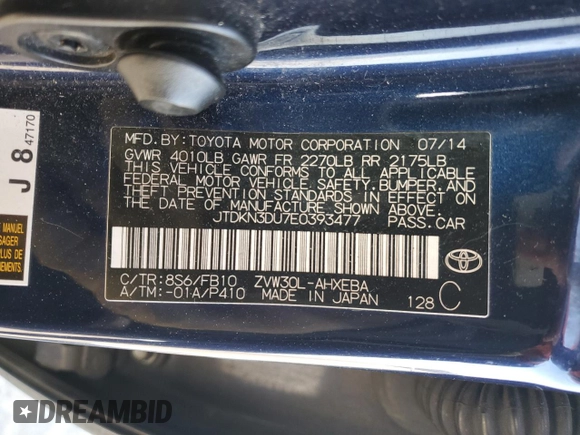 2014 Toyota Prius Four with VIN JTDKN3DU7E0393477, listed as a Copart auction lot 48570305 with 182,873 mi miles and Salvage Title. Bid and sale history available at carsss.com. Image 14.