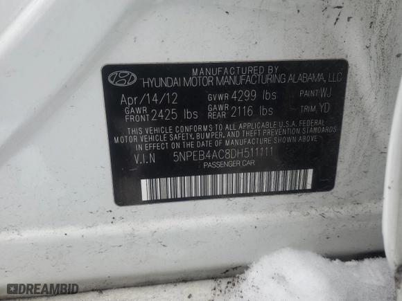 2013 Hyundai Sonata GLS with VIN 5NPEB4AC8DH511111, listed as a Copart auction lot 46241275 with 124,868 mi miles and Salvage Title. Bid and sale history available at carsss.com. Image 14.