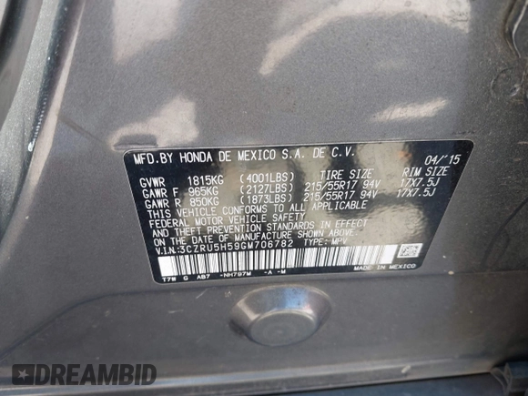2016 Honda HR-V EX with VIN 3CZRU5H59GM706782, listed as a IAAI auction lot 41685990 with 260,187 mi miles. Bid and sale history available at carsss.com. Image 9.