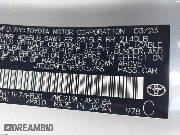 2023 Toyota Corolla Hybrid LE with VIN JTDBCMFE1P3015786, listed as a IAAI auction lot 41887102 with 27,123 mi miles. Bid and sale history available at carsss.com. Image 9.