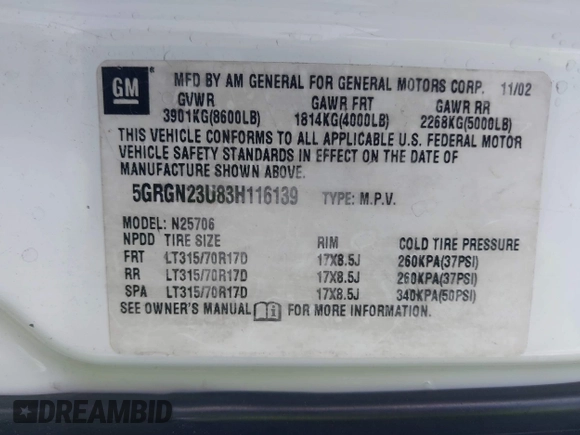 2003 Hummer H2 with VIN 5GRGN23U83H116139, listed as a IAAI auction lot 41495435 with Not Provided miles. Bid and sale history available at carsss.com. Image 9.