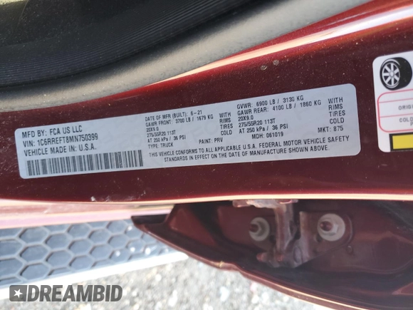 2021 Ram 1500 Lone Star with VIN 1C6RREFT8MN750399, listed as a Copart auction lot 55567365 with 56,367 mi miles and Salvage title. Bid and sale history available at DreamBid. Image 13.