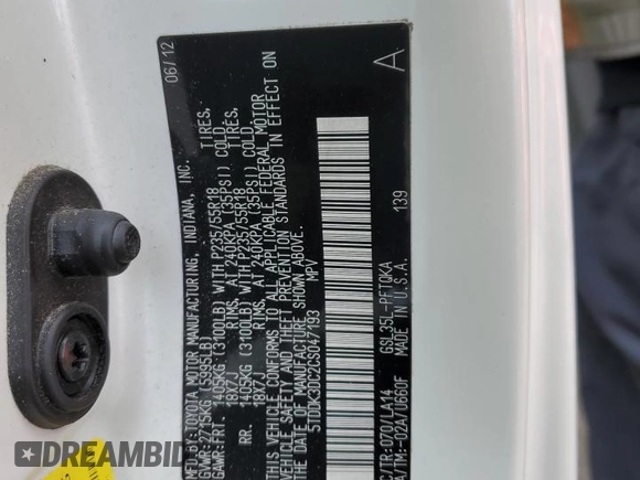 2012 Toyota Sienna XLE with VIN 5TDDK3DC2CS047193, listed as a Copart auction lot 46110715 with 152,047 mi miles and Salvage Title. Bid and sale history available at carsss.com. Image 13.