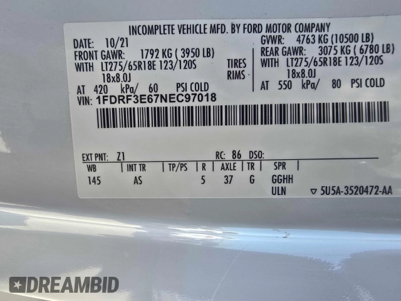 2022 Ford F-350 with VIN 1FDRF3E67NEC97018, listed as a Copart auction lot 41948425 with 60,422 mi miles and Salvage title. Bid and sale history available at DreamBid. Image 10.