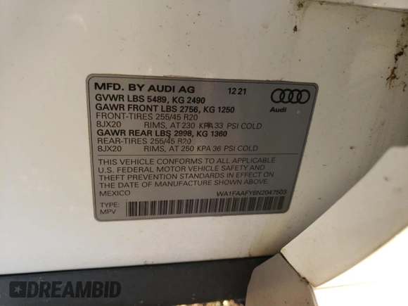 2022 Audi Q5 S line Prestige with VIN WA1FAAFY6N2047503, listed as a Copart auction lot 84794264 with 17,646 mi miles and Salvage Title. Bid and sale history available at carsss.com. Image 15.