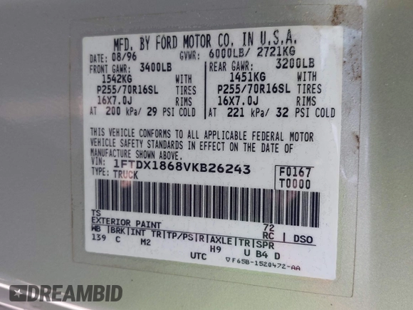 1997 Ford F-150 XL with VIN 1FTDX1868VKB26243, listed as a IAAI auction lot 42383401 with 196,020 mi miles and . Bid and sale history available at DreamBid. Image 9.