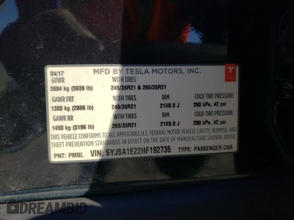 2017 Tesla Model S 100D with VIN 5YJSA1E22HF192735, listed as a Copart auction lot 88709355 with 100,039 mi miles and Salvage Title. Bid and sale history available at carsss.com. Image 12.