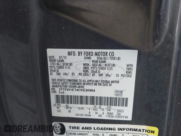 2012 Ford F-150 XL with VIN 1FTFW1ET4CKE20984, listed as a IAAI auction lot 42095203 with 168,879 mi miles and . Bid and sale history available at DreamBid. Image 9.