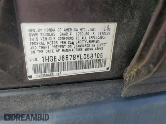 2000 Honda Civic LX with VIN 1HGEJ6678YL058105, listed as a Copart auction lot 54119675 with 272,441 mi miles and Salvage Title. Bid and sale history available at carsss.com. Image 12.