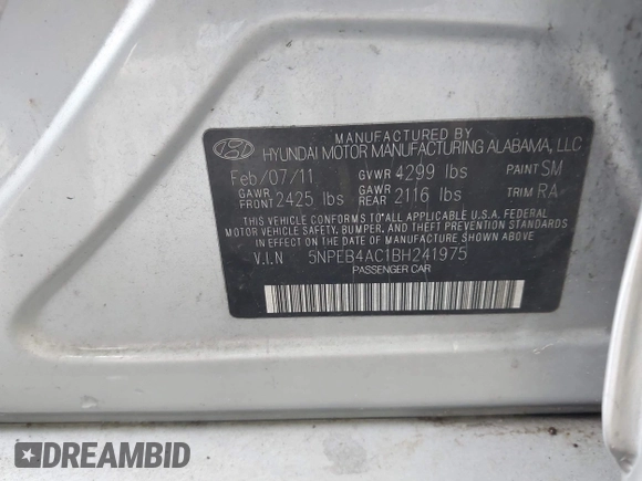 2011 Hyundai Sonata GLS with VIN 5NPEB4AC1BH241975, listed as a IAAI auction lot 42243194 with 224,825 mi miles and . Bid and sale history available at DreamBid. Image 9.