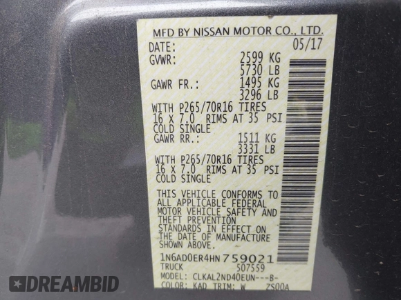 2017 Nissan Frontier SV z VIN 1N6AD0ER4HN759021, wystawiony jako IAAI lot #42459650 z przebiegiem 93 071 mil mil oraz . Historia ofert i sprzedaży dostępna na DreamBid. Obrazek 9.