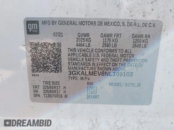 2022 GMC Terrain SLE with VIN 3GKALMEV8NL109103, listed as a IAAI auction lot 41864088 with 69,558 mi miles. Bid and sale history available at carsss.com. Image 9.